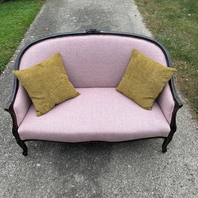 Vintage Blush Wood Frame Loveseat For Sale - Image 14 of 15