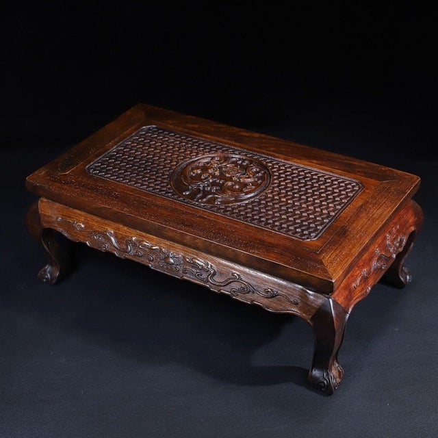 Wood Vintage Chinese Huali Rosewood Carved "Double Dragons & Longevity" Kang Table / Display Stand For Sale - Image 7 of 10