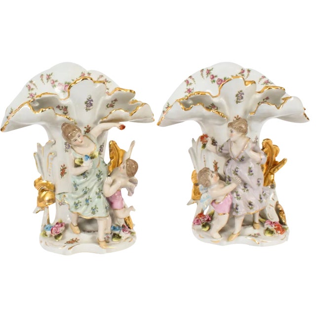 Vintage 20th Century Delightful Dresden Porcelain Spill Vases, 1980s, Set of 2 For Sale