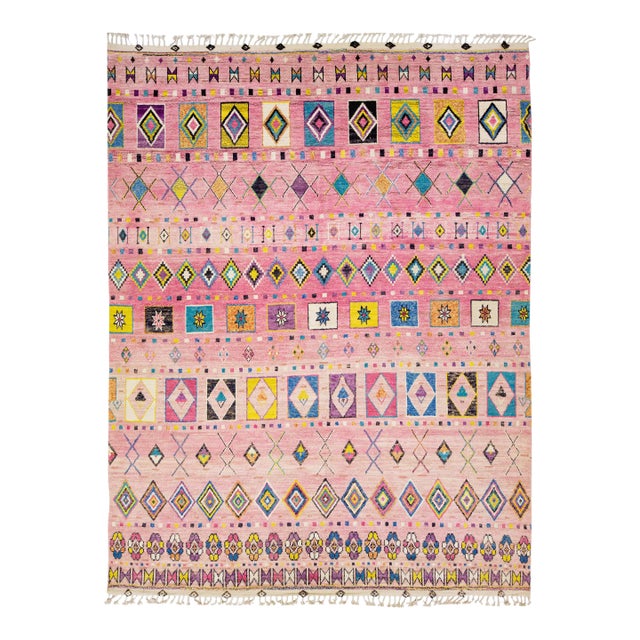 Pink Moroccan Berber Style Handmade Geometric Wool Rug For Sale