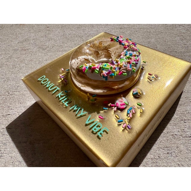 Contemporary Donut Kill My Vibe #8 by Ana Hefco | Mixed Media on Wood Donut with colorful sprinkles For Sale - Image 3 of 5