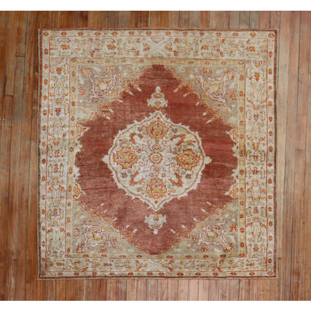 Red Zabihi Collection Antique Square Turkish Oushak Rug - 4'6" x 4'7" For Sale - Image 8 of 9