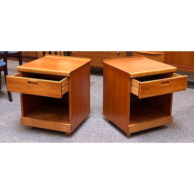 Mid-Century Modern Pair of Vintage Teak Nightstands With Open Cabinet Space and Single Drawer c.1970 For Sale - Image 3 of 13
