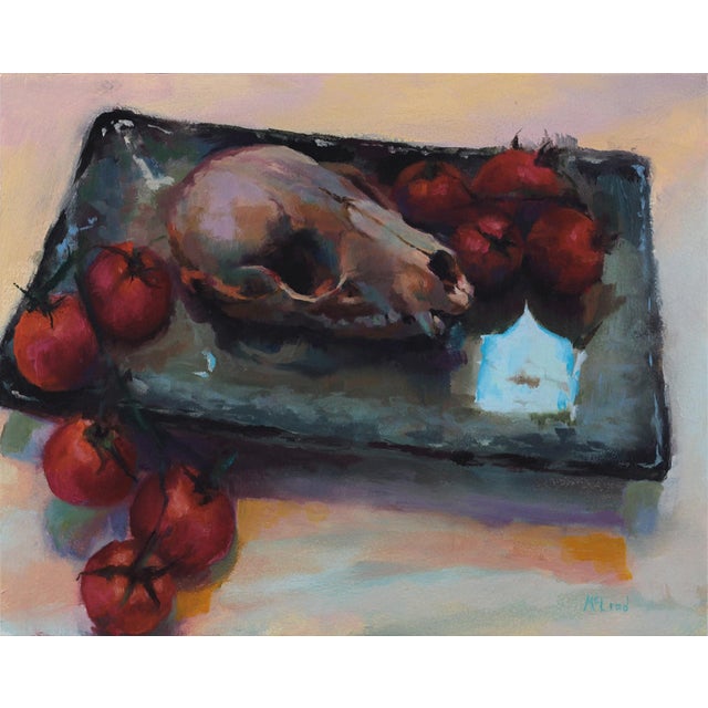 This oil on panel work presents a striking still life featuring a skull alongside vibrant red tomatoes arranged on a...
