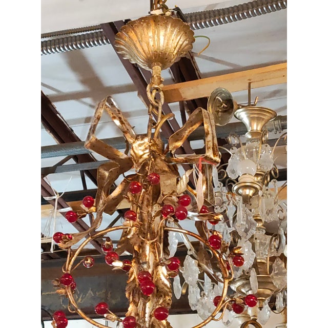 1940s 1940s French Gilt Metal Floral Chandelier With Red Glass Berry Accents, Marseille For Sale - Image 5 of 6