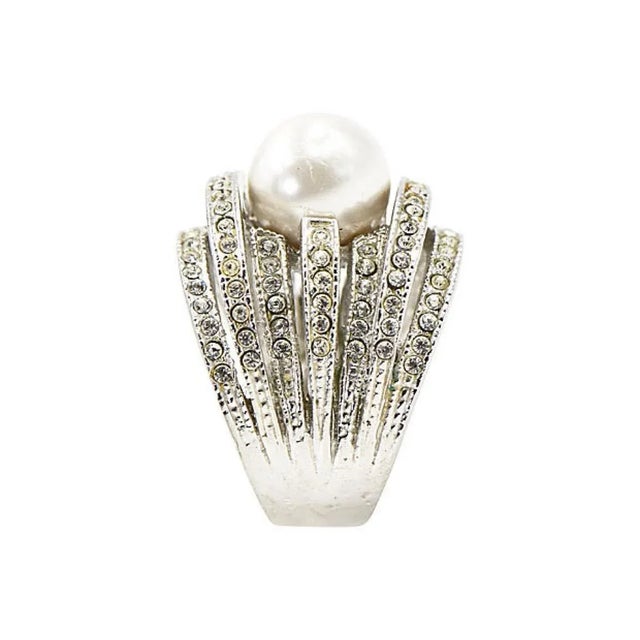 Large Faux South Sea Pearl and Crystal Sterling Silver Cocktail Ring size 9 For Sale In Miami - Image 6 of 9