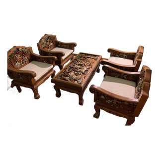 1990s Hand-Carved and Hand-Painted Golden Teak Coffee Table With 4 Armchairs - Set of 5 For Sale