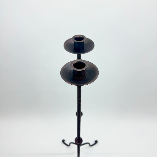 Hand Forged Iron Candelabra Pair (105cm) Antique Copper Hammered Stem with Socket and Drip Plate For Sale - Image 4 of 7