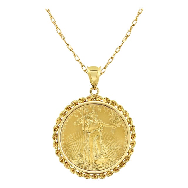1OZ Fine Gold Lady Liberty Medallion Necklace Rope Halo 16" For Sale