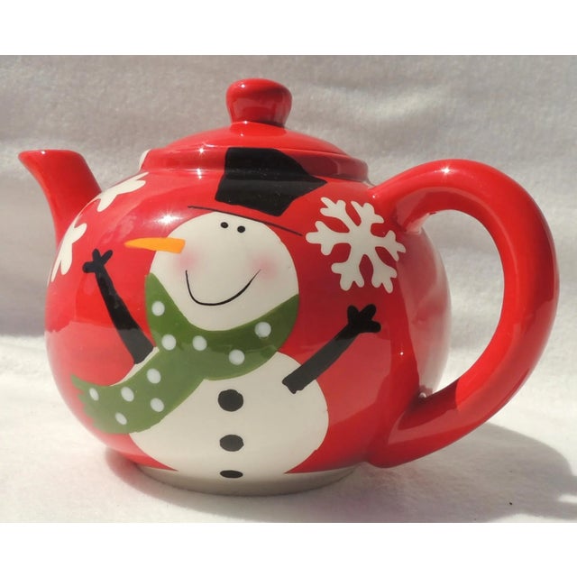 Vintage Hand Painted Red & White Snowman Porcelain Snowflake Christmas Holiday Teapot Tea Pot For Sale - Image 9 of 9