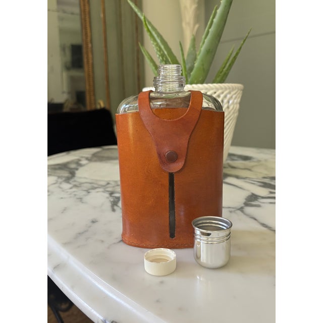 Brown Vintage English Cognac Leather & Glass Hip Flask With Dinking Cup For Sale - Image 8 of 11