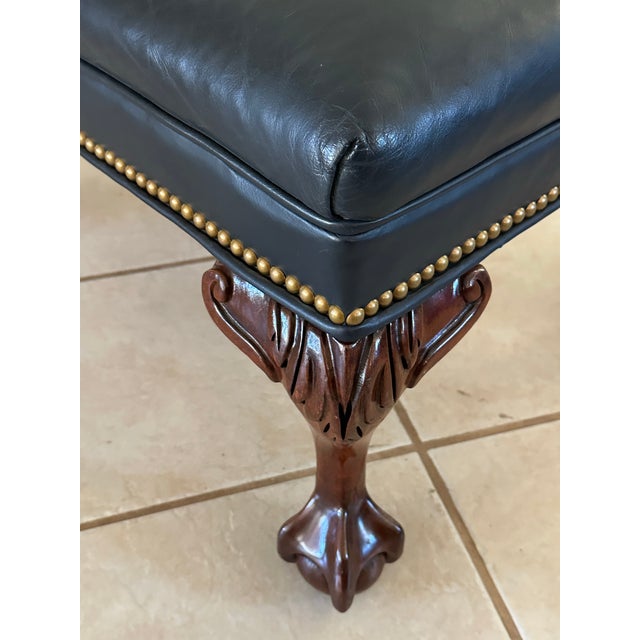 Chippendale Vintage Slate Blue Leather Ottoman, Chippendale Footstool, Brass Nailhead Trim, Claw Ball Feet For Sale - Image 3 of 5