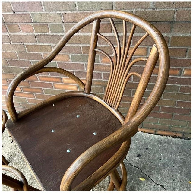 1970s Set of 3 1970s Bar Height Bamboo/Rattan Barstool Chairs For Sale - Image 5 of 11