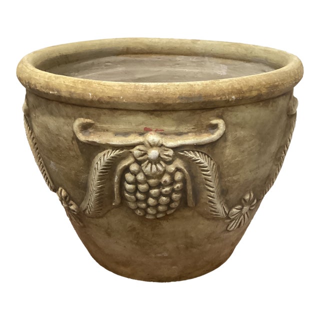 Vintage Large Aged Finish Planter Roseville Style With Molded Grape and Leave Relief Design For Sale