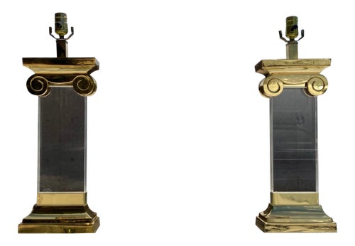 Lucite Brass Ionic Column Table Lamps a Pair