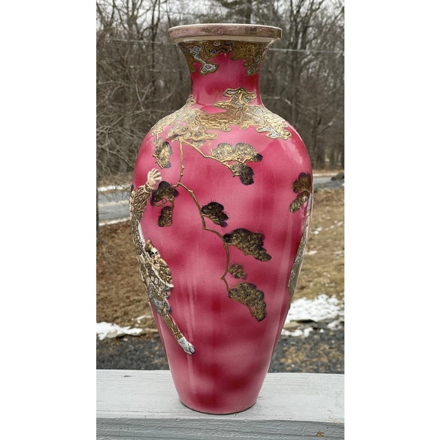 Ceramic 18" Fine & Large Antique Pink Satsuma Deep Relief Warrior Vase Meiji Era 19th C. For Sale - Image 7 of 18