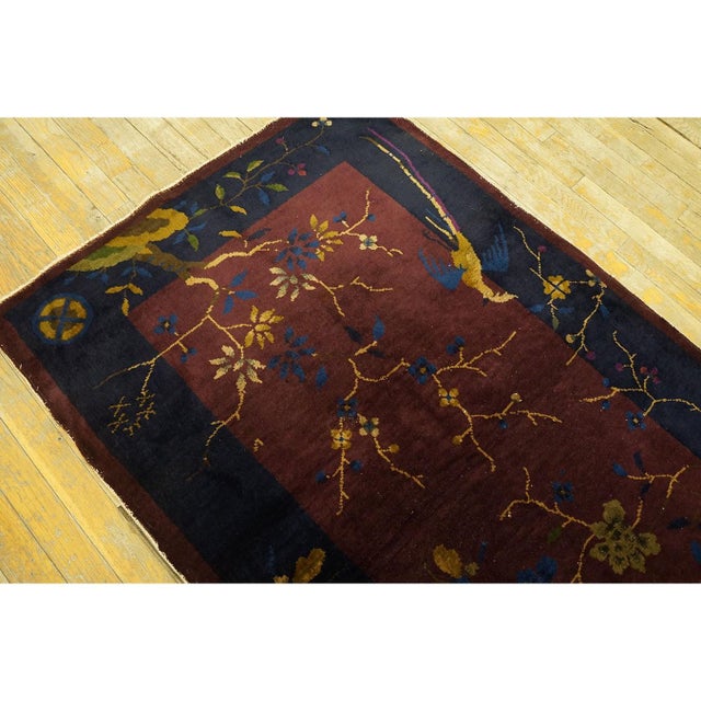1920s Purple Bold Tree Bird of Paradise Pattern Small Antique Chinese Deco Rug For Sale In New York - Image 6 of 7