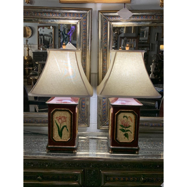 Oriental Hand-Painted Wooden Table Lamp With Floral Decoration, a Pair For Sale - Image 12 of 13