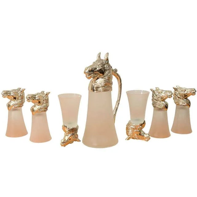Nickel Plated Horsehead Decanter and Set of (6) Glasses For Sale - Image 11 of 11