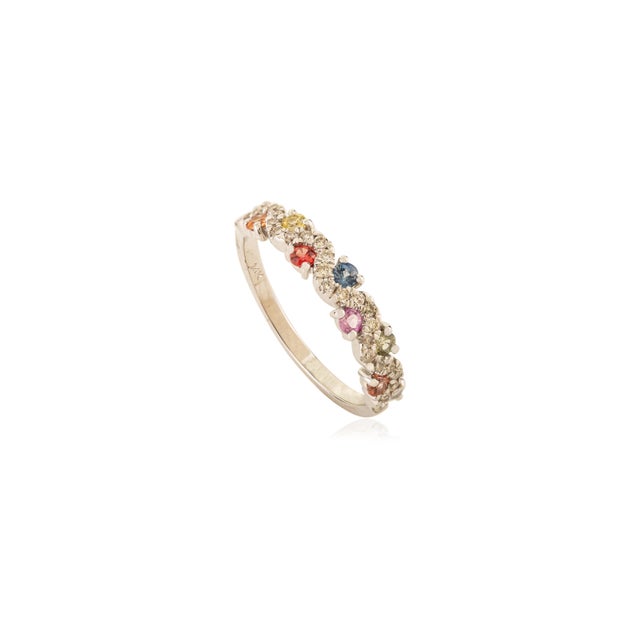 Rainbow Sapphire & Diamond Stackable Half Eternity Band Ring Size 6 in 14k White Gold For Sale - Image 4 of 14