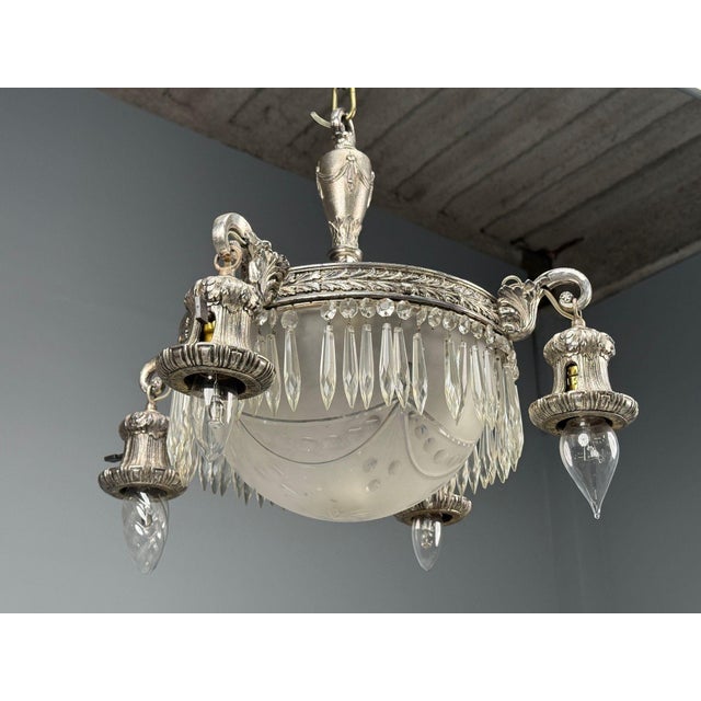 19th Century French Victorian, Chandelier, Etched Glass, Silver Plated, 19th Century For Sale - Image 5 of 17