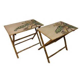 Vintage Chic Bamboo Folding Tray Tables With Painted Monkey Motif - Pair For Sale
