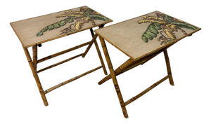 Vintage Chic Bamboo Folding Tray Tables With Painted Monkey Motif - Pair