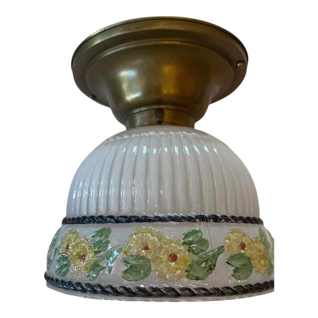 1920s American Painted White Glass Fluted Shade on Simple Brass Holder For Sale