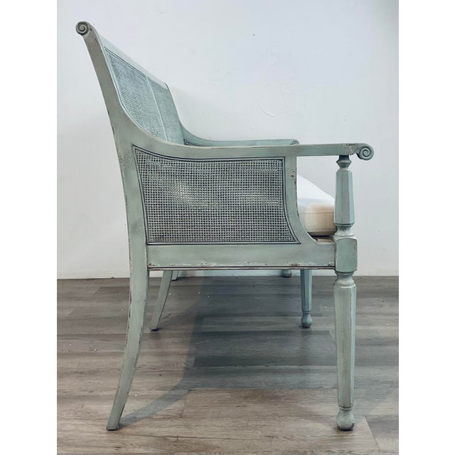 Original retail $2967, stylish Hooker Furniture Transitional Robin’s Egg Blue Caned Charleston Bench, off white linen...