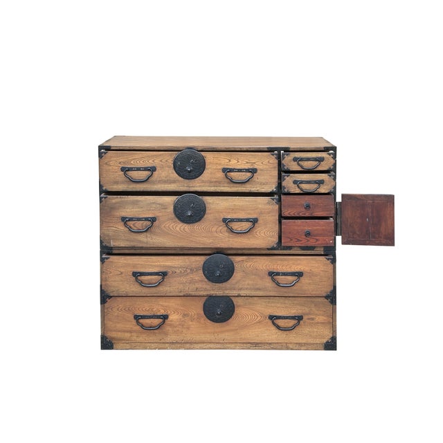 Vintage Brown Wood Black Hardware Accent Stack Tansu Chest Cabinet For Sale - Image 4 of 10