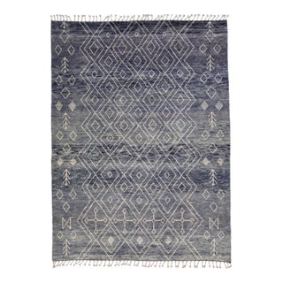 8 X 11 Navy Blue Handmade Moroccan Wool Rug With Geometric Pattern For Sale