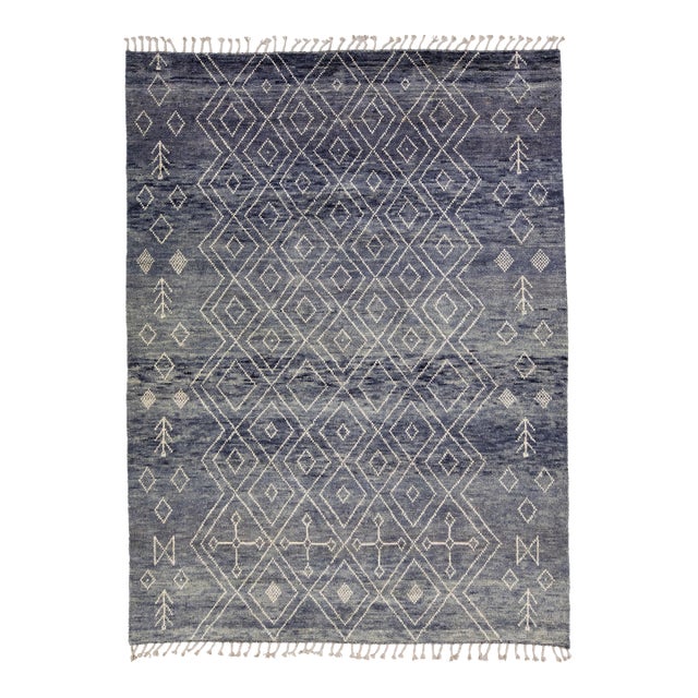 8 X 11 Navy Blue Handmade Moroccan Wool Rug With Geometric Pattern For Sale