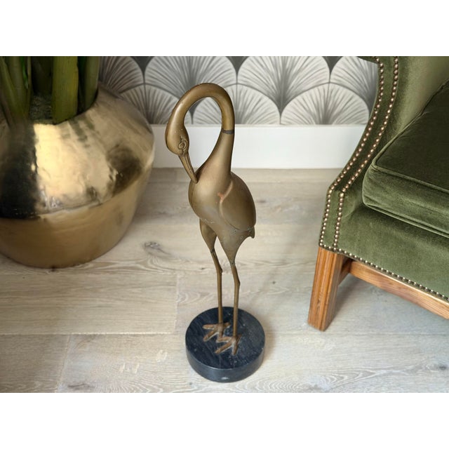 Vintage Mid-Century Modern Hollywood Regency Bronze Brass and Marble Crane Bird Figure Statue Sculpture For Sale - Image 4 of 10