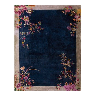 1920s Blue Navy Flowers Birds Antique Chinese Art Deco Carpet 9' X 11'10'' Knotted Wool Rug For Sale