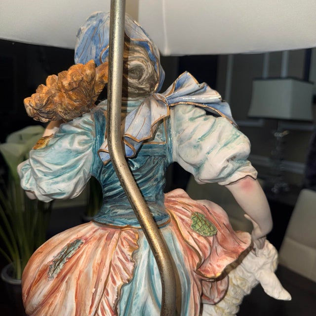 Antique White Vintage Italian Capodimonte-Style Hand Painted Porcelain Pheasant Lady With Lamb Figurine Lamp For Sale - Image 8 of 17