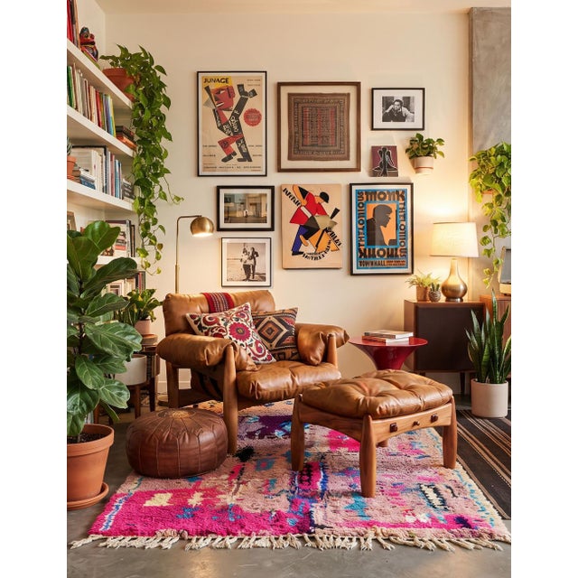 Boujad Rug | Handwoven Berber Wool Rug with Mauve Field and Jewel-Toned Tribal Symbols This richly detailed Boujad rug...