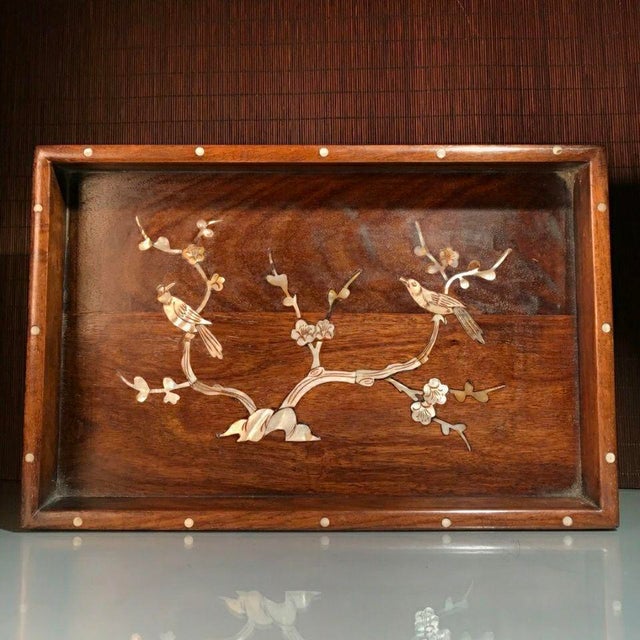 This is a finely crafted vintage Chinese wooden tray or display piece, made from Hainan Huanghuali (yellow rosewood), a...