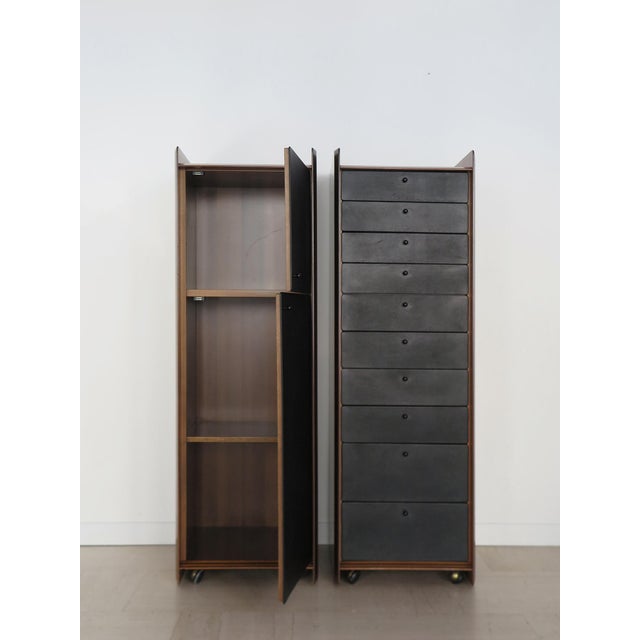 Mid-Century Modern Vintage Container and Chest of Drawers Set in Wood and Leather by Afra & Tobia Scarpa for Maxalto, Italy, 1970s, Set of 2 For Sale - Image 3 of 18
