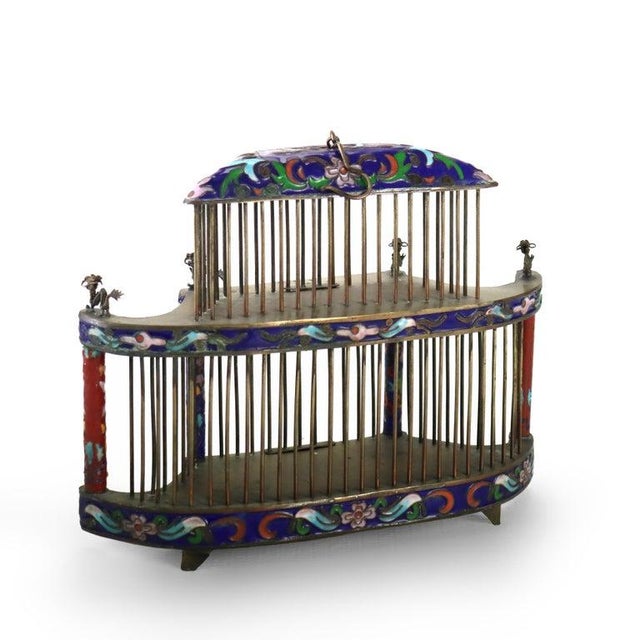 Chinese Antique Chinese Floral Cloisonne Enameled Cage With Dragon Finials C1900 For Sale - Image 3 of 7