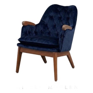 Refinished Petite Walnut Blue Velvet Lounge Chair by Adrian Pearsall For Sale