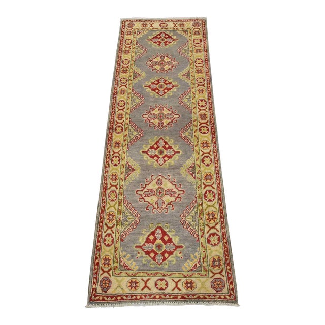 Kazak Runner 2’2” X 6’4” Gray Wool Tribal Hand-Knotted Oriental Rug For Sale