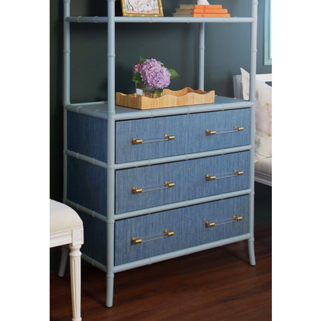 Worlds Away Matthew Izzo Home Flynn Light Blue Grasscloth and Matte Lacquer Bamboo Profile Three Drawer Open Shelf Etagere With Acrylic and Brass Bar Handles For Sale - Image 4 of 10