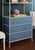 Worlds Away Matthew Izzo Home Flynn Light Blue Grasscloth and Matte Lacquer Bamboo Profile Three Drawer Open Shelf Etagere With Acrylic and Brass Bar Handles For Sale - Image 4 of 10