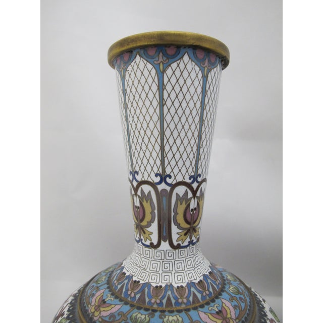 White Chinese White Enamel Cloisonne Colorful Butterfly & Flower Vase Pair For Sale - Image 8 of 12