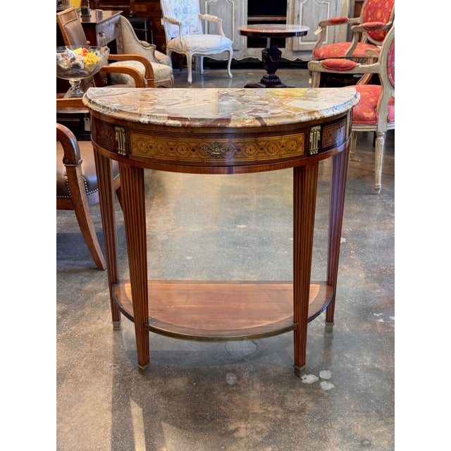 Traditional 19th Century Marble Top Demi-Lune Console Table With Marquetry Frieze For Sale - Image 3 of 11