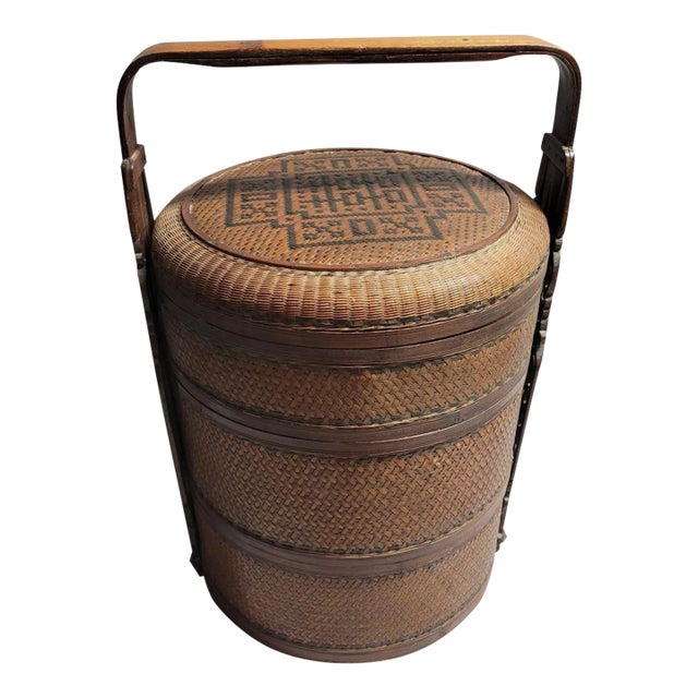 Antique Chinese 3-Tier Woven Wedding Storage Basket For Sale