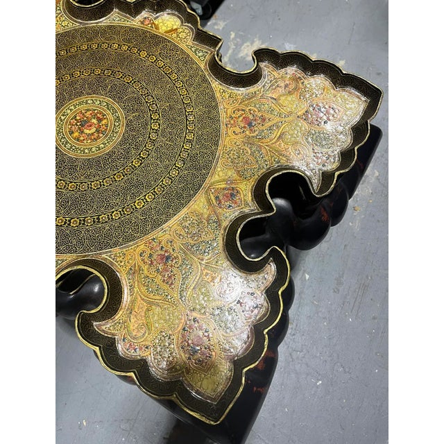 Coffee 1960s Anglo Indian Carved Wood and Kashmiri Decorated Coffee Table For Sale - Image 8 of 12