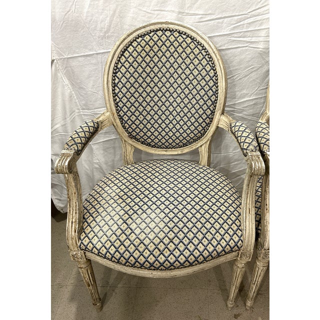 Navy Blue Very Rare! Pair of Louis XVI Period Painted Fauteuils With Hand Needlepoint Upholstery, France Circa 1770 For Sale - Image 8 of 13