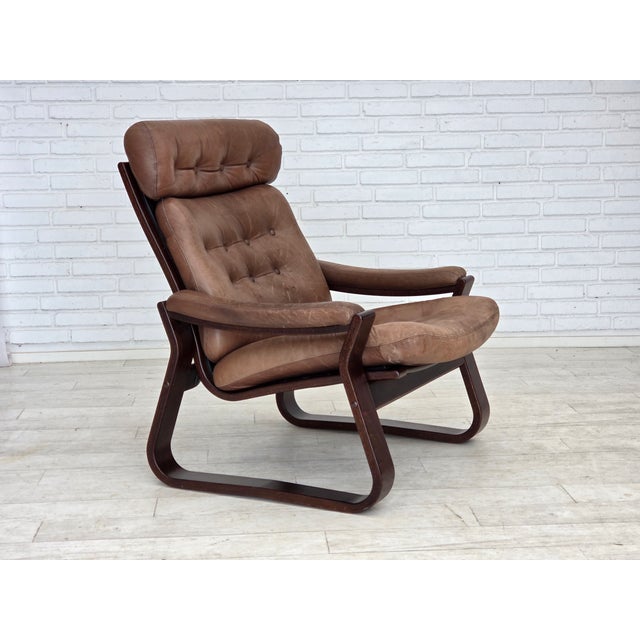 1970s, Danish design by Georg Thams. Lounge chairs, furniture leather, canvas, dark bent wood. Original very good...