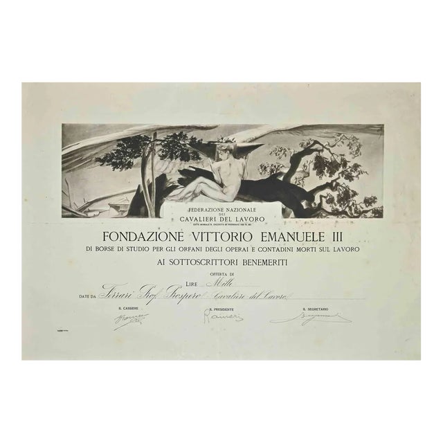 Certificate of the Vittorio Emanuele III Foundation, Original Etching, 1920s For Sale